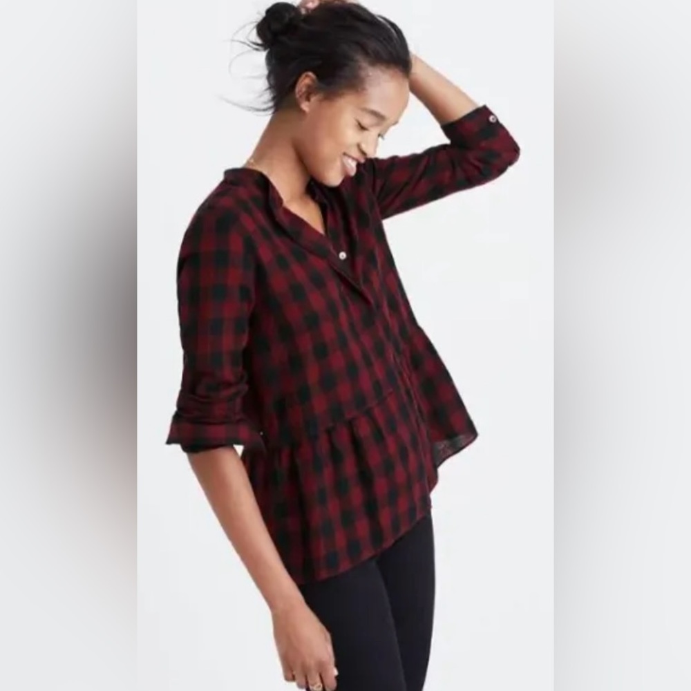 Madewell Lakeside Peplum Shirt in Buffalo Check red/black blouse Cotton Linen